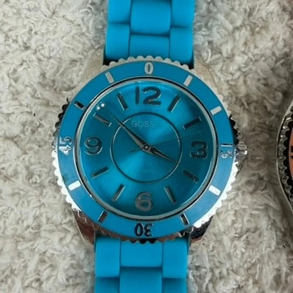 Gossip Women Quartz Watch Set 3 Piece Silicone Strap Blue Pink Orange Bundle